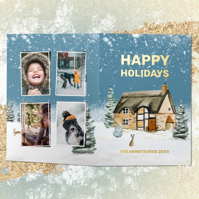 Farmhouse Four Photo Foil Winter Rabbit Foil Holiday Card (Winter Watercolor Farmhouse Family Photo Foil Holiday Card ©Susanne Sachers - Sunny Mind 🌞)