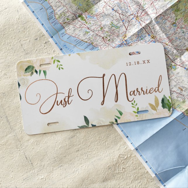 Farmhouse Fresh Rustic Country Floral Just Married License Plate (In Situ)
