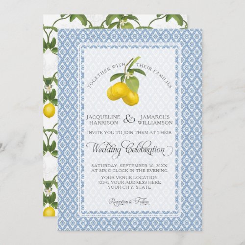 Farmhouse Garden Lemon BOHO Citrus Blue and White Invitation