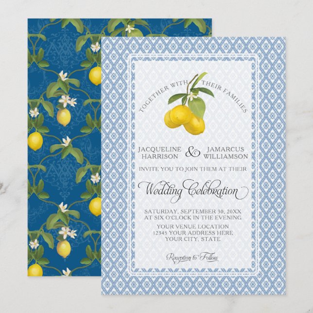 Farmhouse Garden Lemon BOHO Citrus Navy and White Invitation (Front/Back)