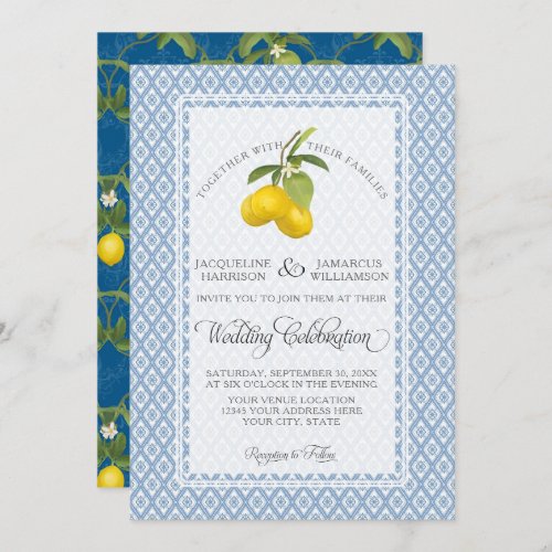 Farmhouse Garden Lemon BOHO Citrus Navy and White Invitation
