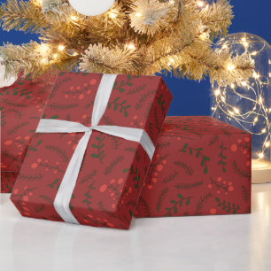 Farmhouse garnet red green rustic foliage pattern wrapping paper