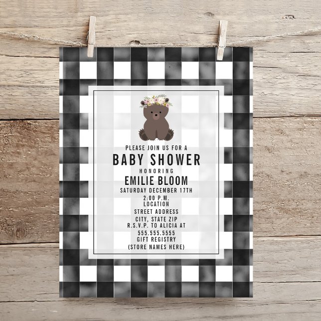 Farmhouse Gingham Boho Bear Baby Shower Invitation (Creator Uploaded)