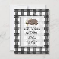 Farmhouse Gingham Boho Sleepy Bear Baby Shower Invitation