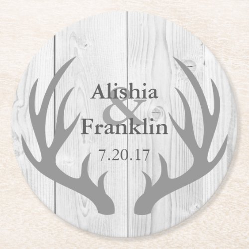 Farmhouse Gray Antlers Bride  Groom Wedding Date Round Paper Coaster
