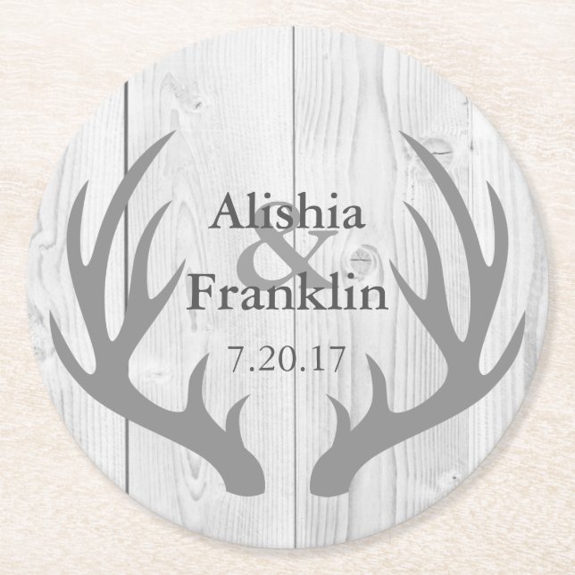 Farmhouse Gray Antlers Bride & Groom Wedding Date Round Paper Coaster (Front)