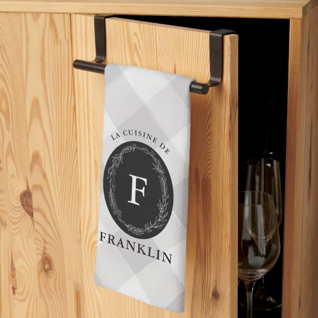 Farmhouse Gray Buffalo Check Personalized Family K Kitchen Towel (Thirds Fold)