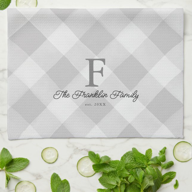 Farmhouse Gray Buffalo Check Personalized Family Kitchen Towel (Folded)