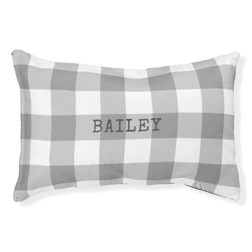 Farmhouse Gray Buffalo Check Plaid Dog Name Pet Bed