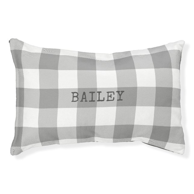 Farmhouse Gray Buffalo Check Plaid Dog Name Pet Bed (Front)