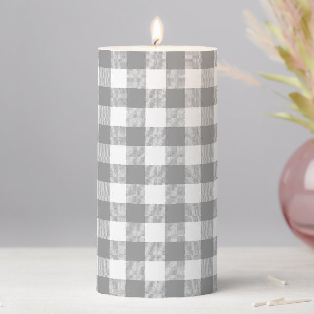 Farmhouse Gray Buffalo Check Plaid Rustic Pillar Candle (In Situ)