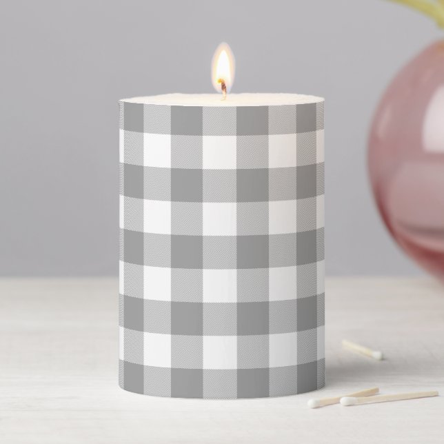 Farmhouse Gray Buffalo Check Plaid Rustic Pillar Candle (In Situ)