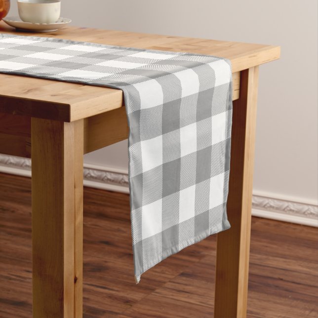 Farmhouse Gray Buffalo Check Plaid Rustic Short Table Runner (In Situ)