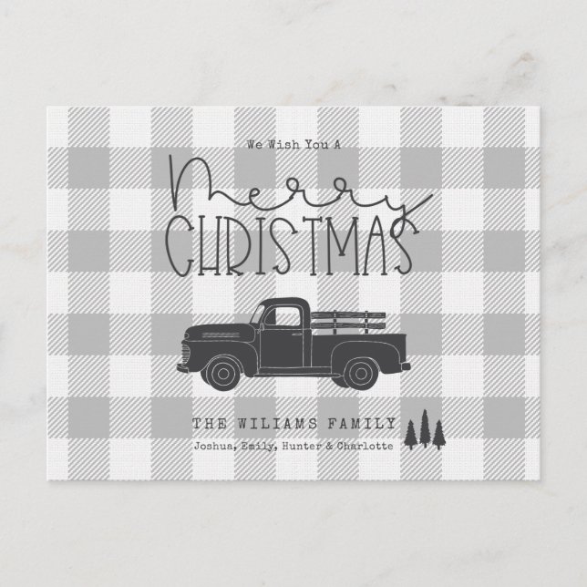 Farmhouse Gray Buffalo Plaid Merry Christmas Card (Front)