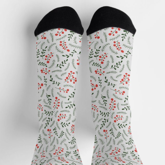 Farmhouse gray dark green red foliage pattern cute socks (Top)
