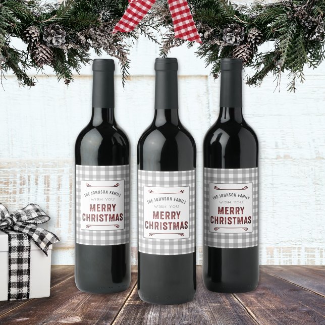 Farmhouse Gray Gingham Merry Christmas Wine Label (Creator Uploaded)