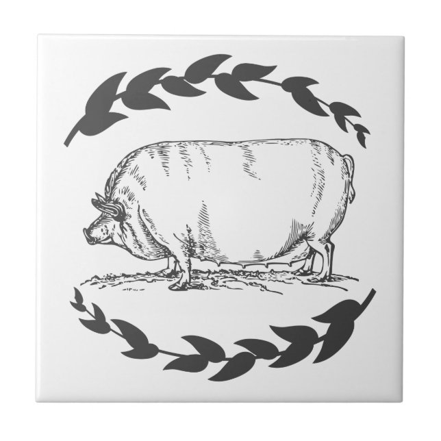 Farmhouse Gray Sow Pig & Laurels Ceramic Tile (Front)