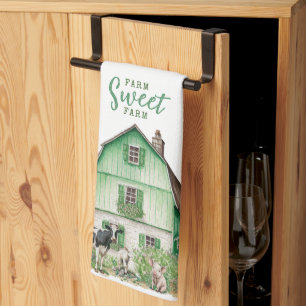 Farmhouse Green Barn with Farm Animals Kitchen Towel