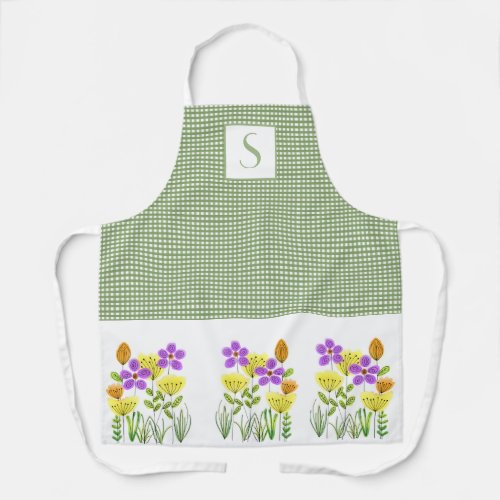 Farmhouse Green Gingham with Wildflowers Monogram  Apron