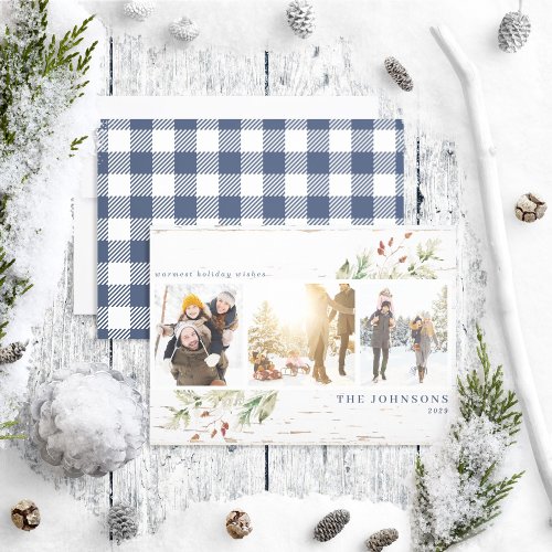 Farmhouse Greenery Navy Blue Neutral Photo Collage Holiday Card