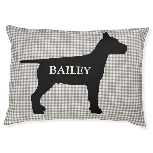 Farmhouse Grey Gingham Buffalo Check Dogname Pet Bed