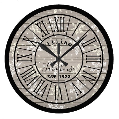 Farmhouse Grey Wood/Snowflakes Family Name Large Clock