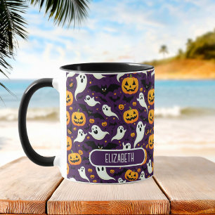Farmhouse Halloween Bats Pumpkin Pattern Purple Mug