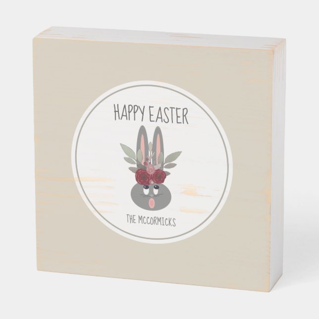 Farmhouse Happy Easter Bunny Personalized Wooden Box Sign (Angled Horizontal)