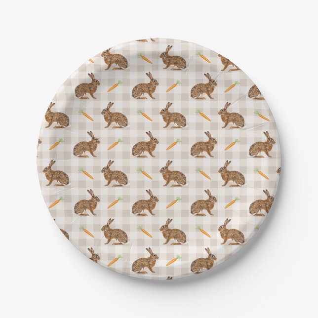 Farmhouse Hares And Carrots Rustic Beige Gingham Paper Plates (Front)