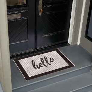Farmhouse Hello Script Black and White Faux Tile Doormat