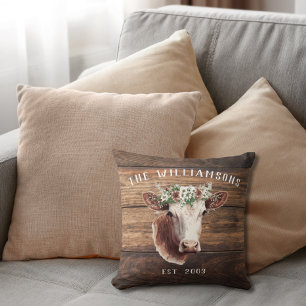 Farmhouse Highland Cow Family Name Throw Pillow