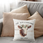 Farmhouse Highland Cow Family Name  Throw Pillow<br><div class="desc">Farmhouse Highland Cow Family Name Throw Pillow - pillow features a Highland cow with a flower crown on a rustic wood background. Add a touch of farmhouse country to any room. Shown with white wood background. Also available in dark wood.</div>