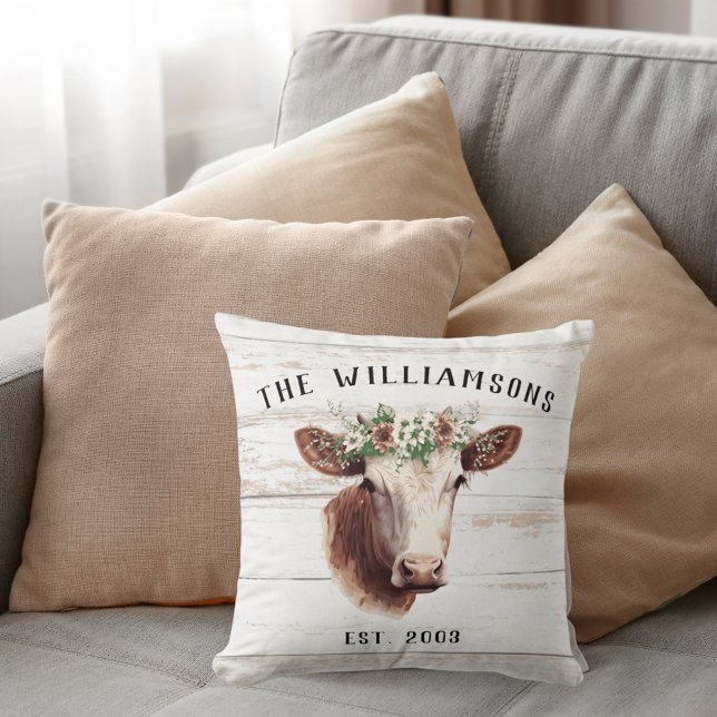Farmhouse Highland Cow Family Name  Throw Pillow (Creator Uploaded)