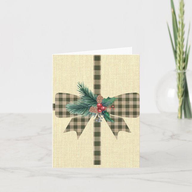 Farmhouse Holiday Plaid Bow Christmas Card (Front)