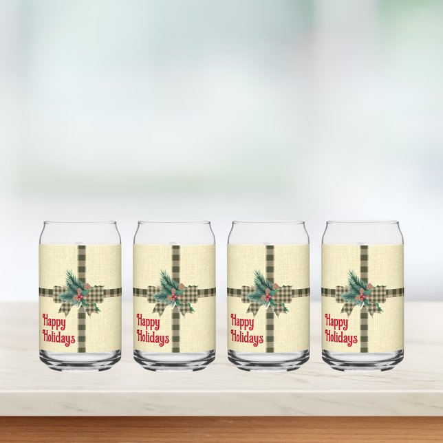 Farmhouse Holiday Plaid Bow Custom Can Glass (Creator Uploaded)