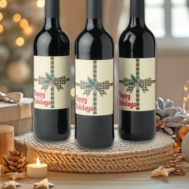 Farmhouse Holiday Plaid Bow Custom Wine Label (Creator Uploaded)