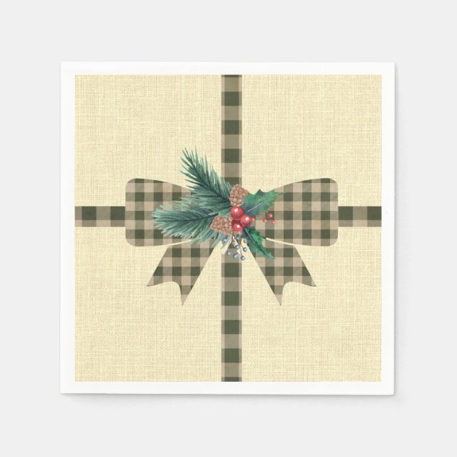Farmhouse Holiday Plaid Bow Square Paper  Napkins (Front)
