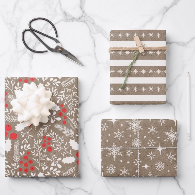 Farmhouse Holly Berries  White Rustic Kraft Wrapping Paper Sheets (Front)