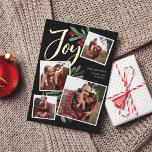 Farmhouse Holly | Christmas Photo Collage Foil Holiday Card<br><div class="desc">Our beautiful rustic chic holiday photo card features four of your favorite square family photos in a collage layout. "Joy" appears at the top in festive gold foil hand lettered brush script typography on a charcoal black background accented with green watercolor leaves and red holly berries. Customize with your family...</div>