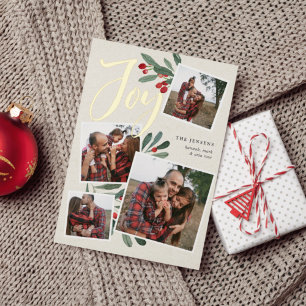 Farmhouse Holly Christmas Photo Collage Foil Holiday Card