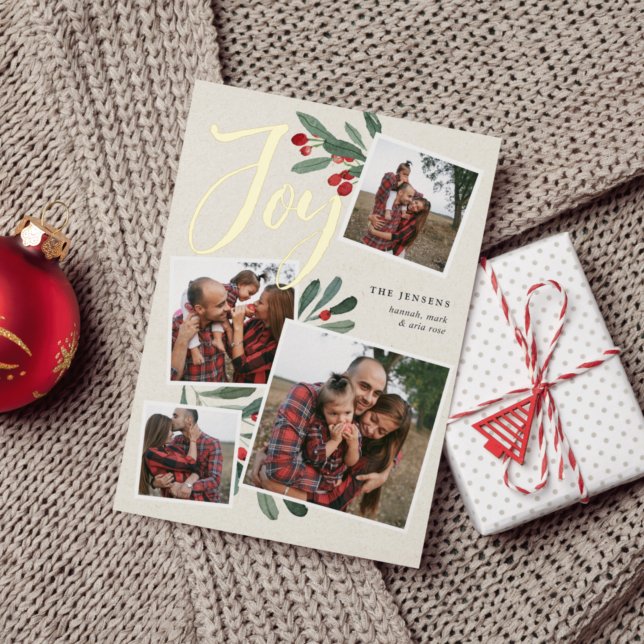 Farmhouse Holly | Christmas Photo Collage Foil Holiday Card (Creator Uploaded)