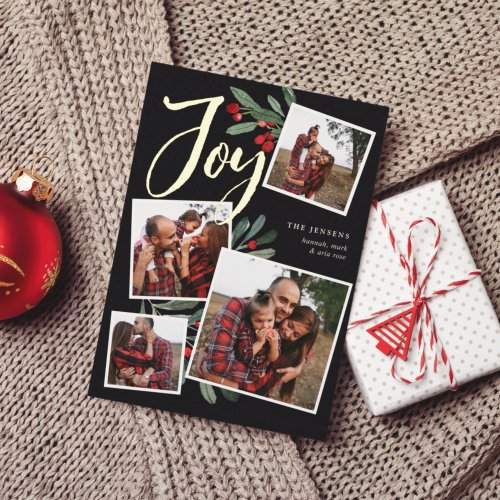 Farmhouse Holly  Christmas Photo Collage Foil Holiday Card
