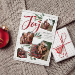 Farmhouse Holly | Christmas Photo Collage Holiday Card<br><div class="desc">Our beautiful rustic chic holiday photo card features four of your favorite square family photos in a collage layout. "Joy" appears at the top in festive red hand lettered brush script typography on a white wood plank shiplap background accented with green watercolor leaves and red holly berries. Customize with your...</div>