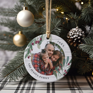 Farmhouse Holly Holiday Photo Personalized Ceramic Ornament
