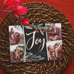 Farmhouse Holly | Multi Photo Christmas Foil Holiday Card<br><div class="desc">Rustic and festive holiday photo card features four photos in a collage layout,  with "joy" in gold foil hand lettered brush script typography on a rustic black background. Personalize with your names and the year beneath.</div>