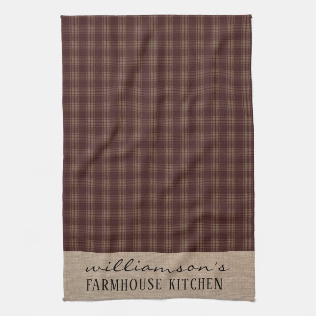 Farmhouse Homespun Plaid Family Name Kitchen Towel (Vertical)