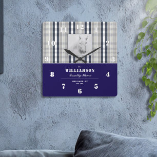 Farmhouse Horse Portrait Navy Blue Plaid Name Square Wall Clock