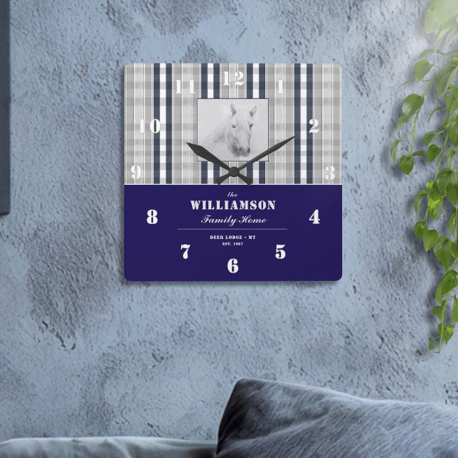 Farmhouse Horse Portrait Navy Blue Plaid Name Square Wall Clock (Creator Uploaded)