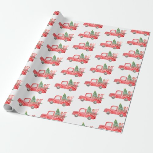 Farmhouse House Red Christmas Truck Wrapping Paper