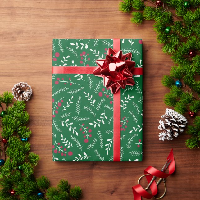 Farmhouse hunter green rustic foliage pattern cute wrapping paper (Holiday Gift)